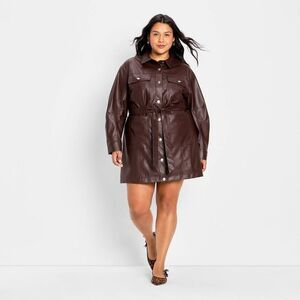 Plus-Size Brown Faux Leather Shirt Dress with Belt